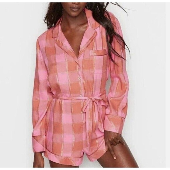 Victoria's Secret Other - VICTORIA SECRET | Women’s Rose Blush Pink Gold Plaid Flannel Romper size L Cozy